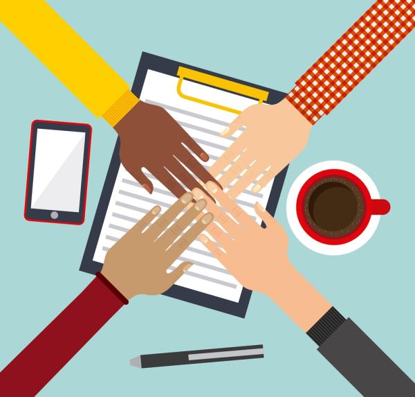 Stock illustration of four diverse hands touching their fingers over a clipboard. On the side are a mobile phone, a cup of coffee and a pen.