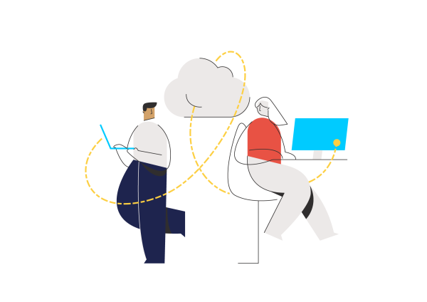 Illustration of two people looking at each other from over their shoulders. One is at a high desk with a computer screen, the other standing with an open laptop. A cloud is between them with a yellow stylized line connecting their devices. 