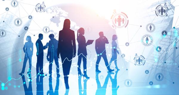 Blue-tone graphic illustration of employees standing around in different working positions