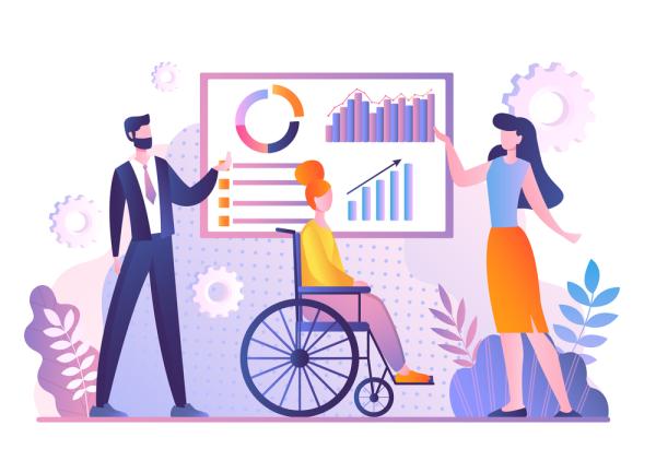Stock illustration of an inclusive office, with two people pointing to a graph to a person in a wheelchair.
