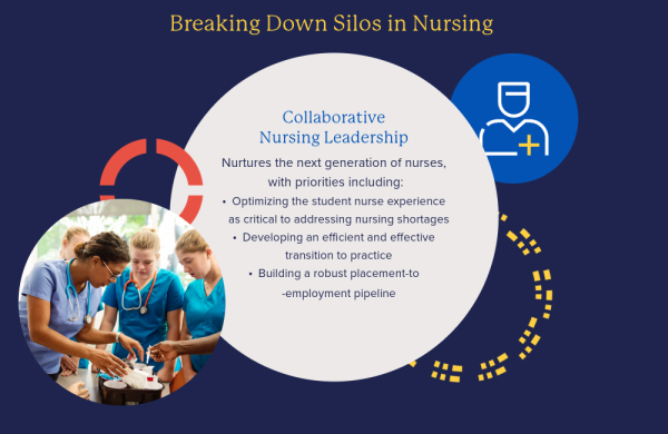 A graphic highlights the benefits of collaborative nursing leadership in building and nurturing a strong nursing workforce with new nurse graduates.