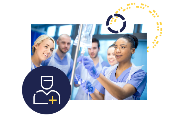 A new nurse graduate confidently adjusts an IV bag while fellow nurses watch.