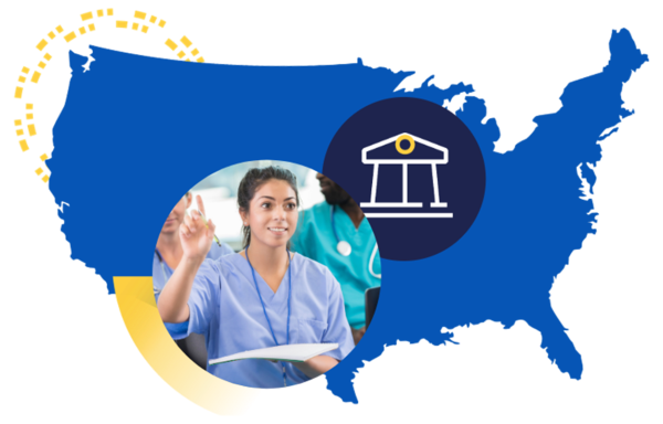 The outline of a map of the US is overlaid with an icon representing universities and an image of an eager and engaged nursing student raising her hand to ask a question.