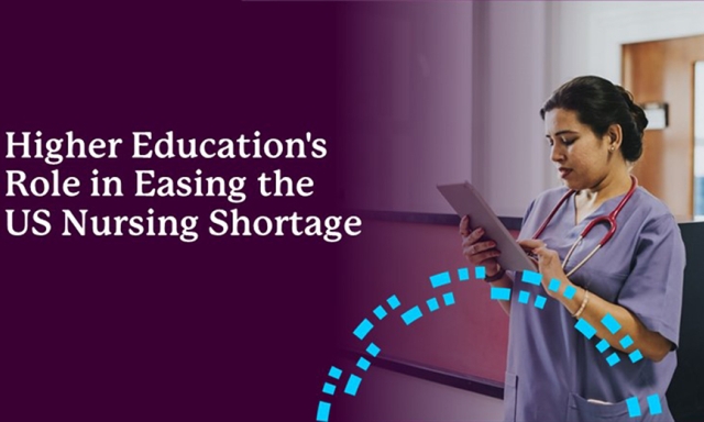 Higher Education's Role in Easing the US Nursing Shortage. A nurse stands in a hallway reviewing information on a tablet.
